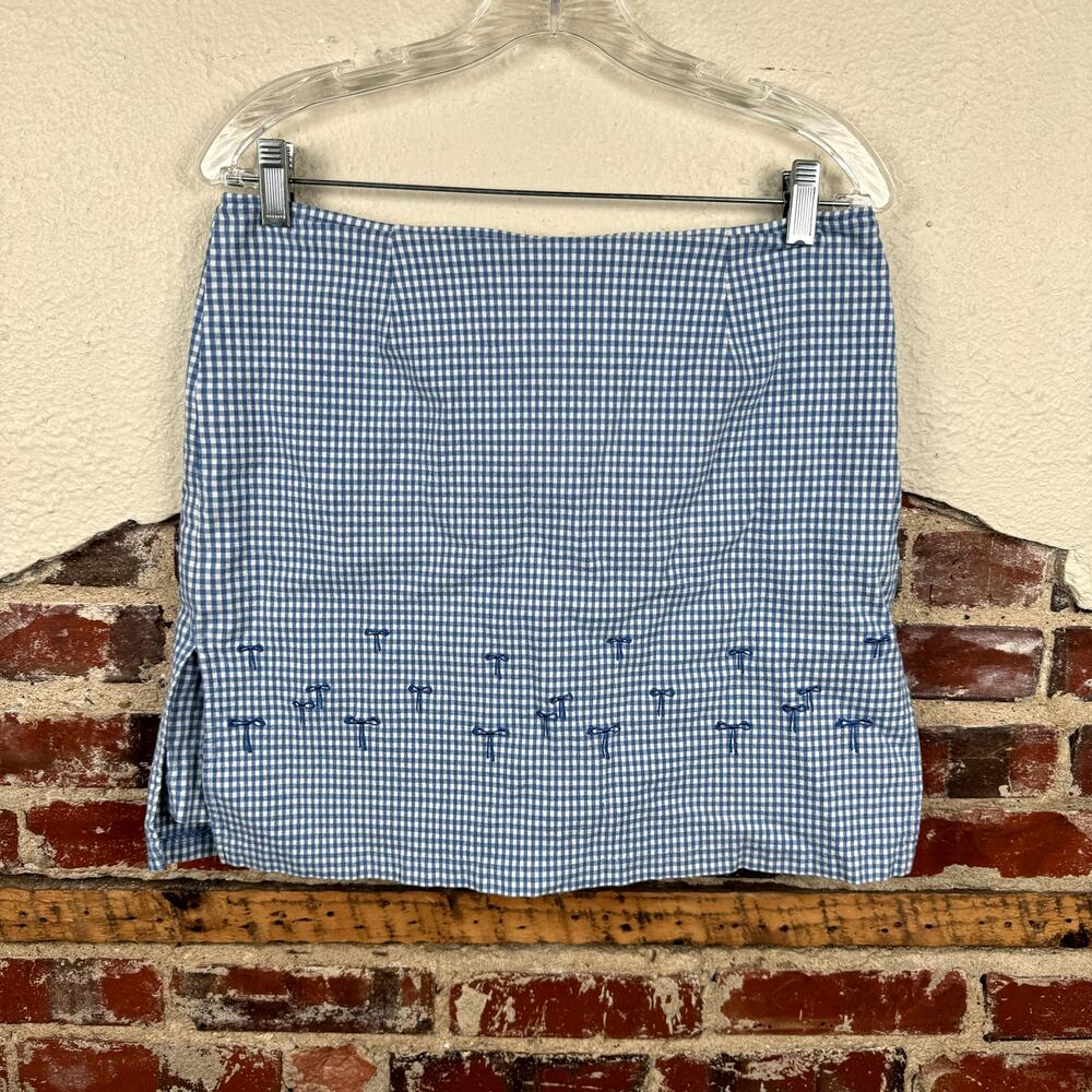 Vintage Requirements Skirt Size 14 Blue Gingham A Line Mini Embroidered Bows Y2K